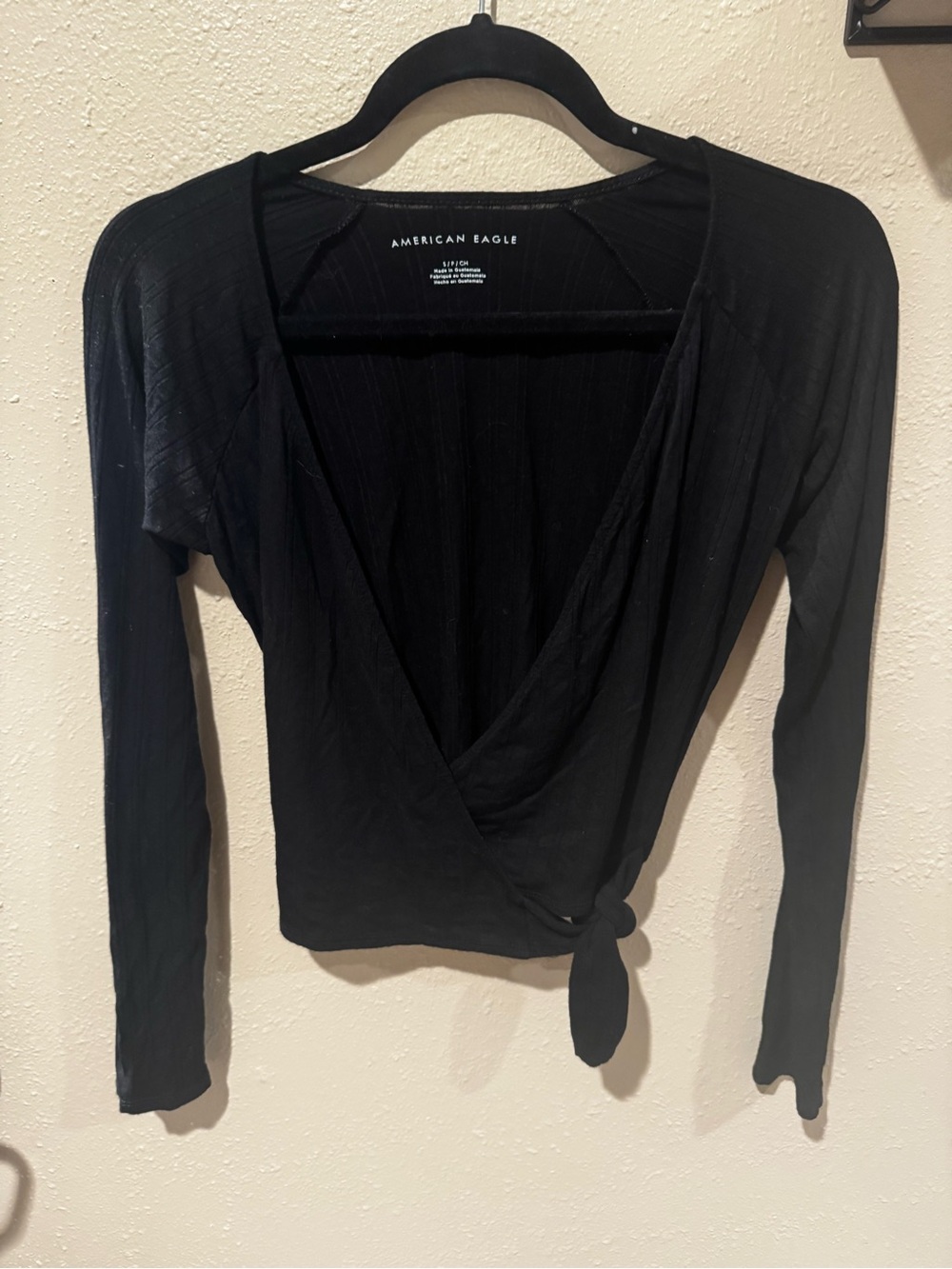 American Eagle Outfitters Black Wrap Tie-Front Long Sleeve Top